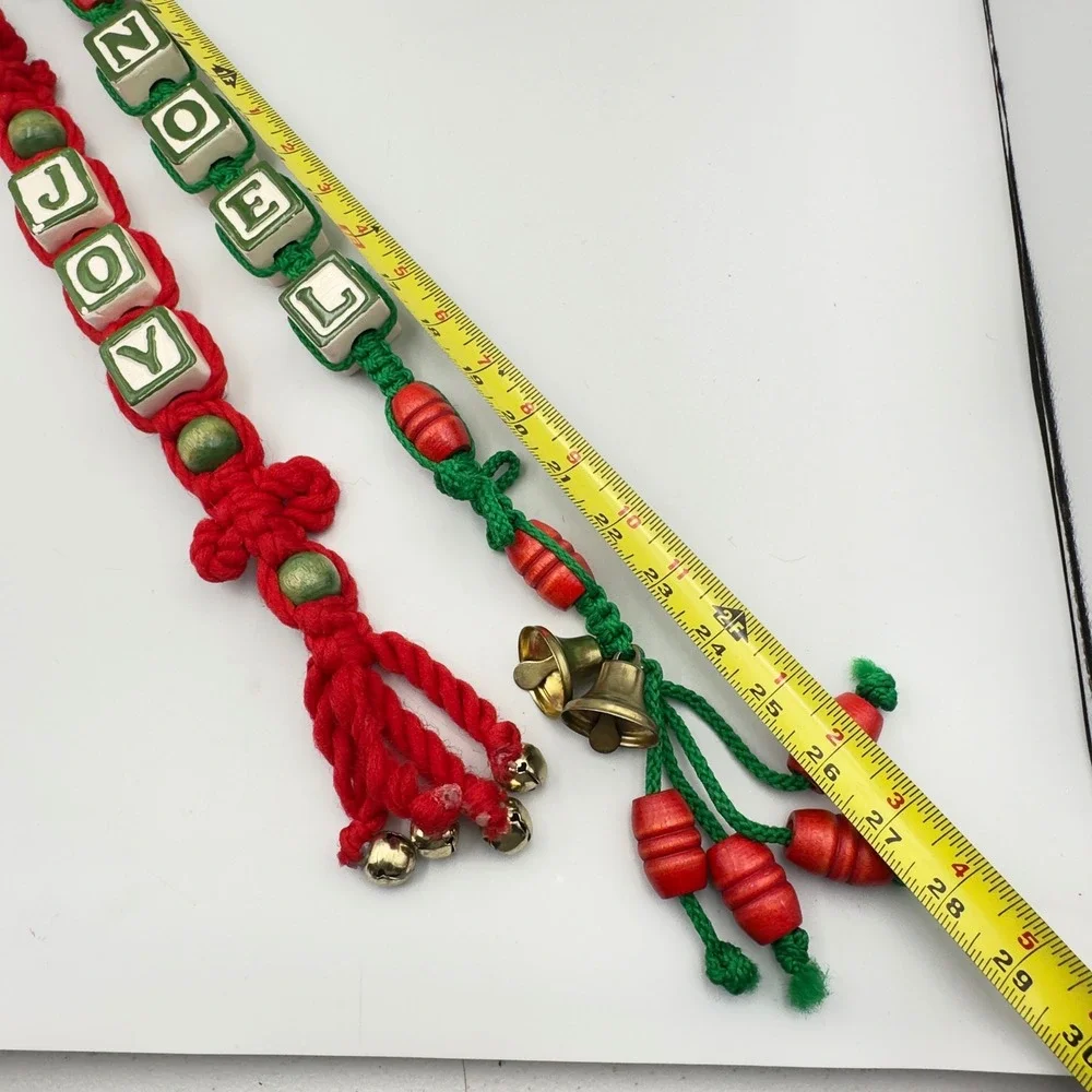 Vintage‎ Macrame Christmas Door Hangers Noel Joy Red Green Jingle Bells Set of 2